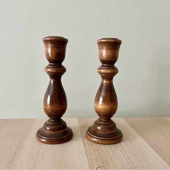 Vintage Set of 2 Wooden Candlesticks Taper Candle Holder Pair - Picture 7 of 7